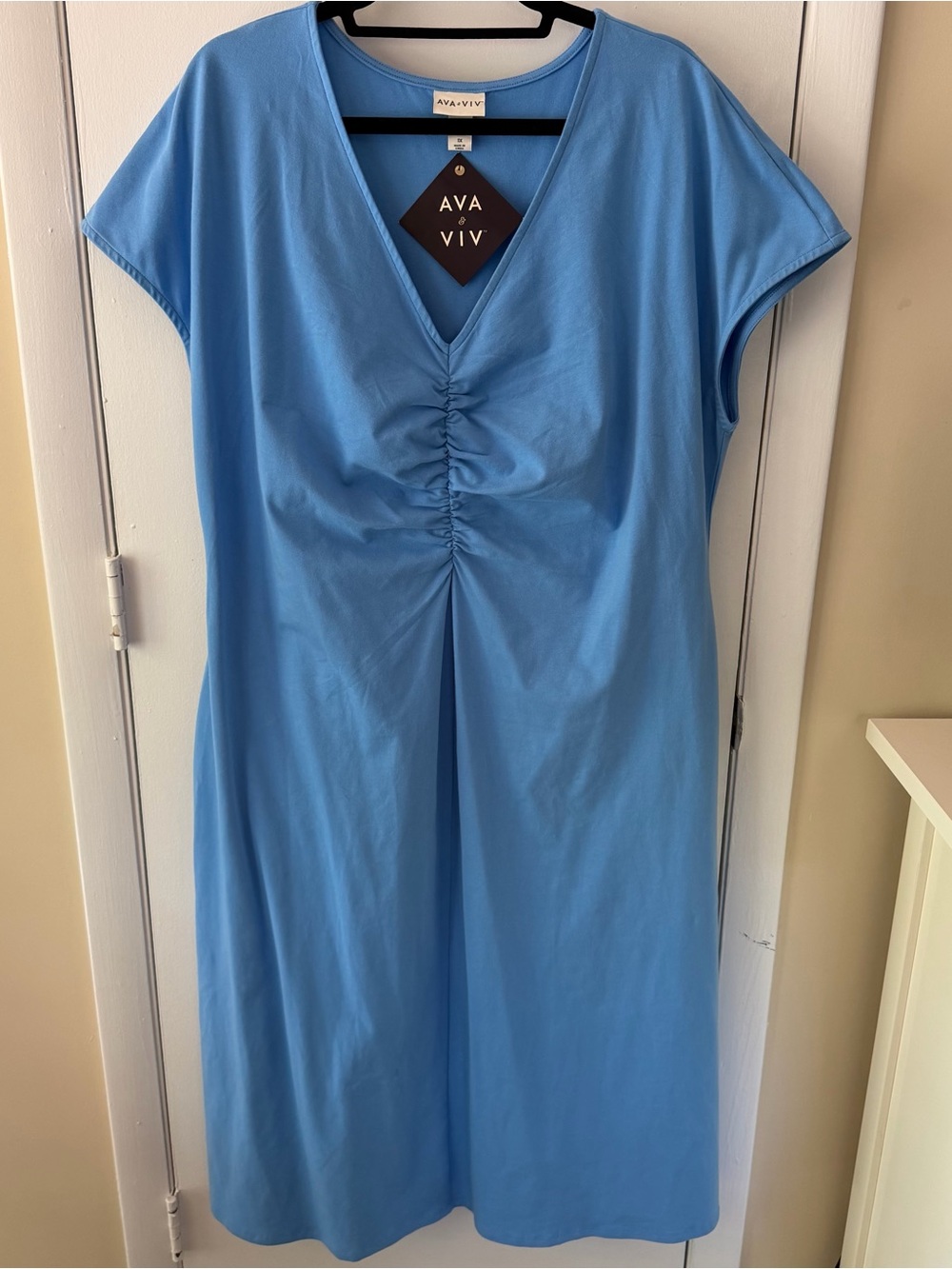 Ava & Viv Blue V-Neck Ruched Front Midi Dress